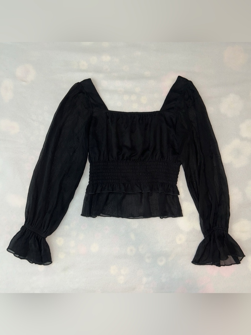 HYFVE Black Smocked Waist Long Sleeve Top with Ruffles